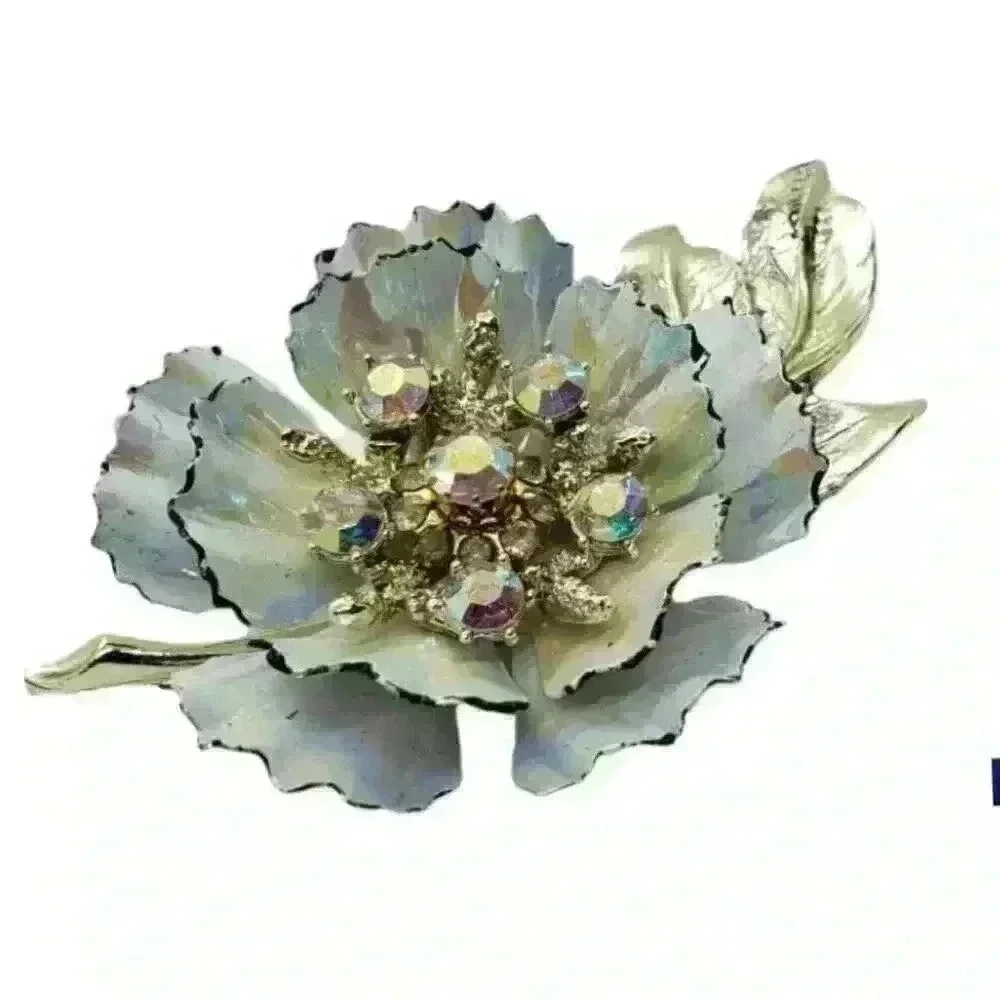 Vintage Coro Signed Brooch Flower Ruffle Iridescent Petals & AB Rhinestones RARE - Picture 1 of 8